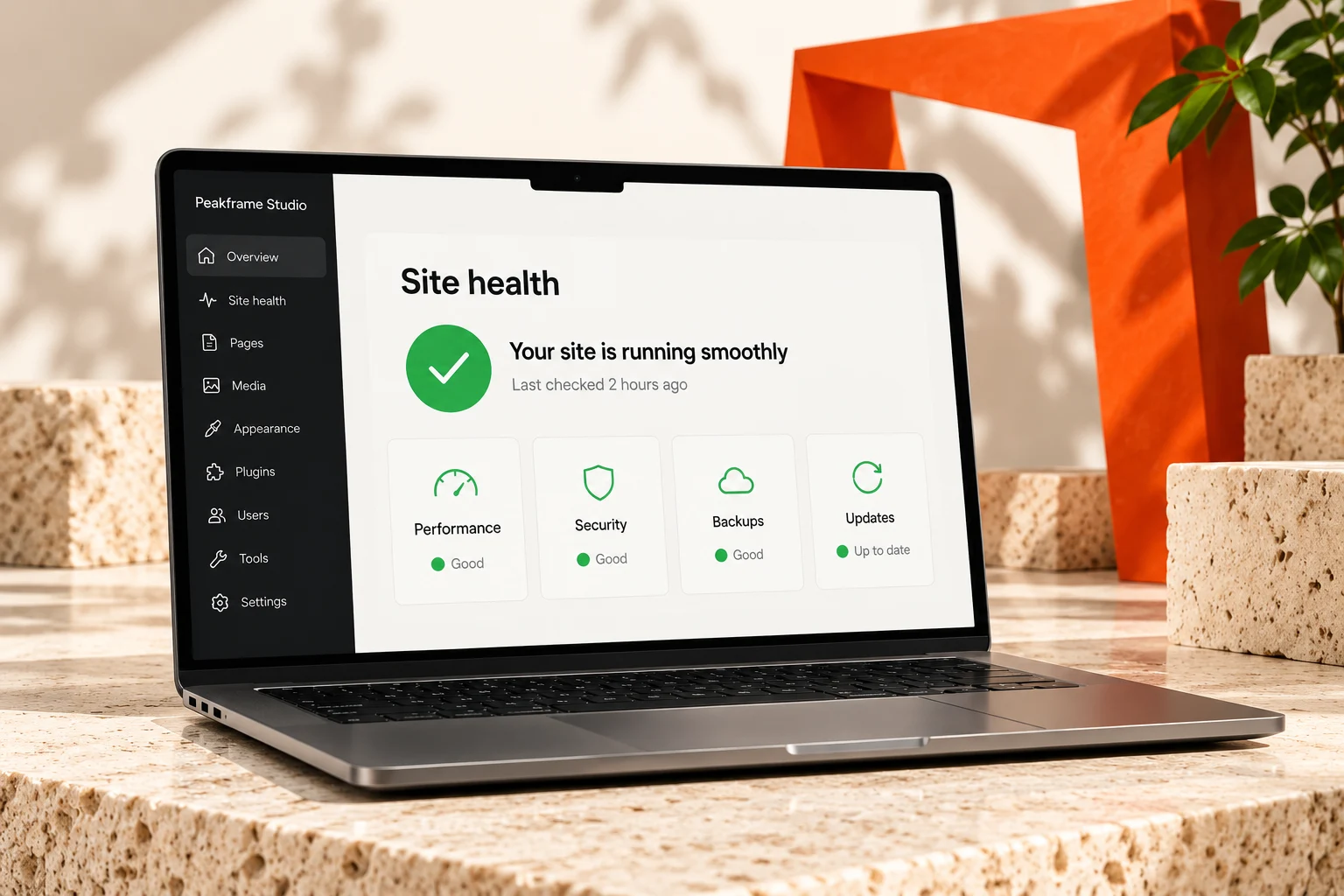 Website care concept showing a site health dashboard on a laptop
