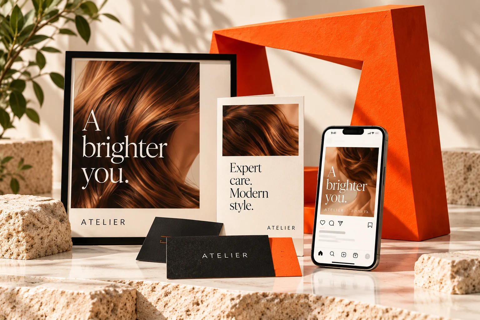 Atelier salon campaign with print designs and social media creative