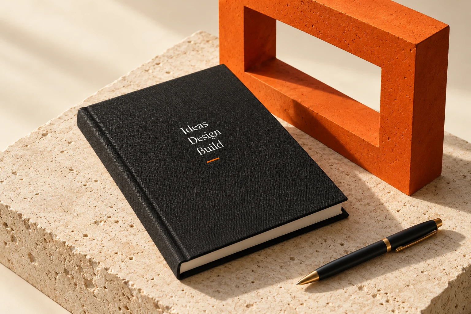 Black ideas notebook and pen on stone beside an orange frame